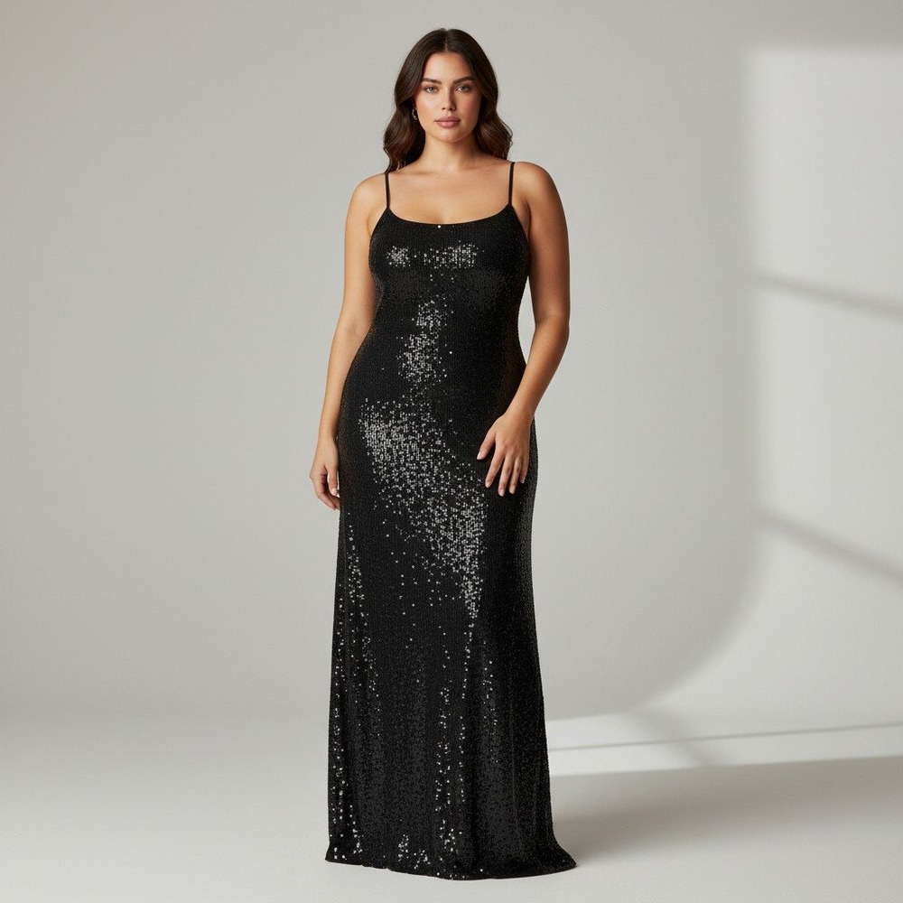 Hutch Womens Black Sequin Spaghetti Strap Square Neck Maxi Column Dress Size XL